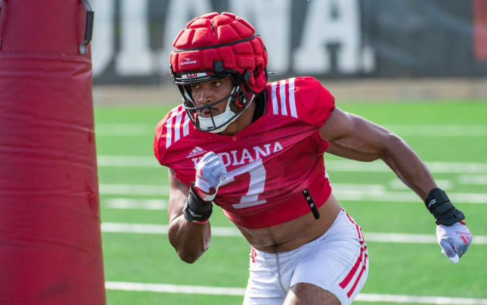 Indiana's Jacob Mangum-Farrar (7) during fall camp for Indiana football at their practice facilities on Friday, Aug. 4, 2023.